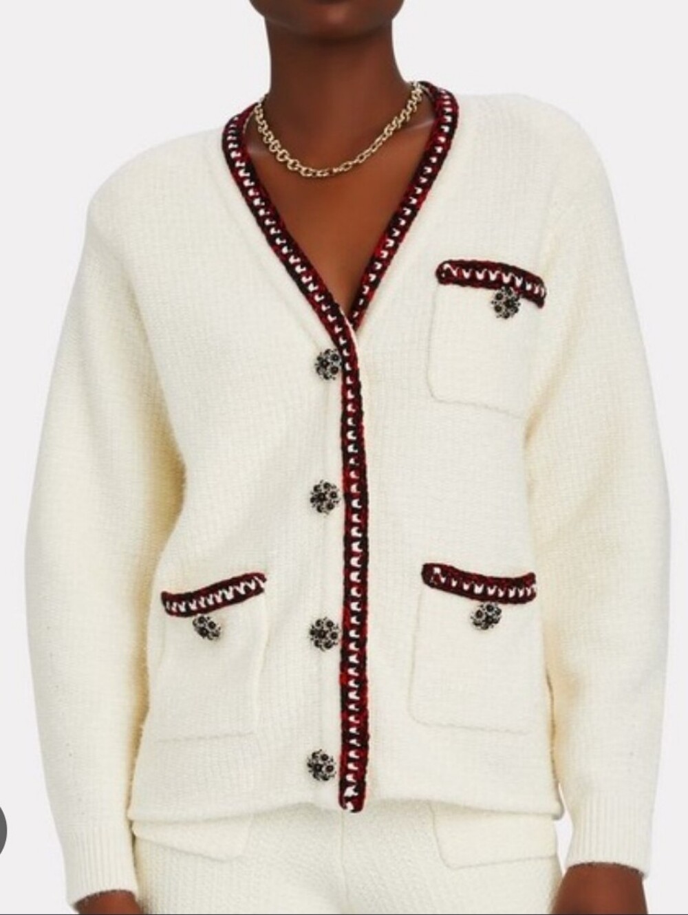 Self-Portrait Ivory Knit Metallic Embellished Buttons Preppy Academia Sweater Ca